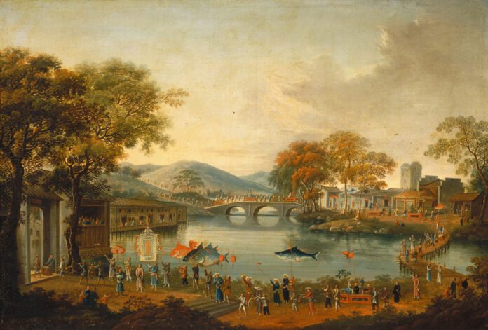 Procession by a Lake, 19th century Chinese Qing Dynasty